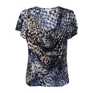 Dress Barn Abstract Animal Print Blue Gold Short Sleeve Cowl Neck | Small